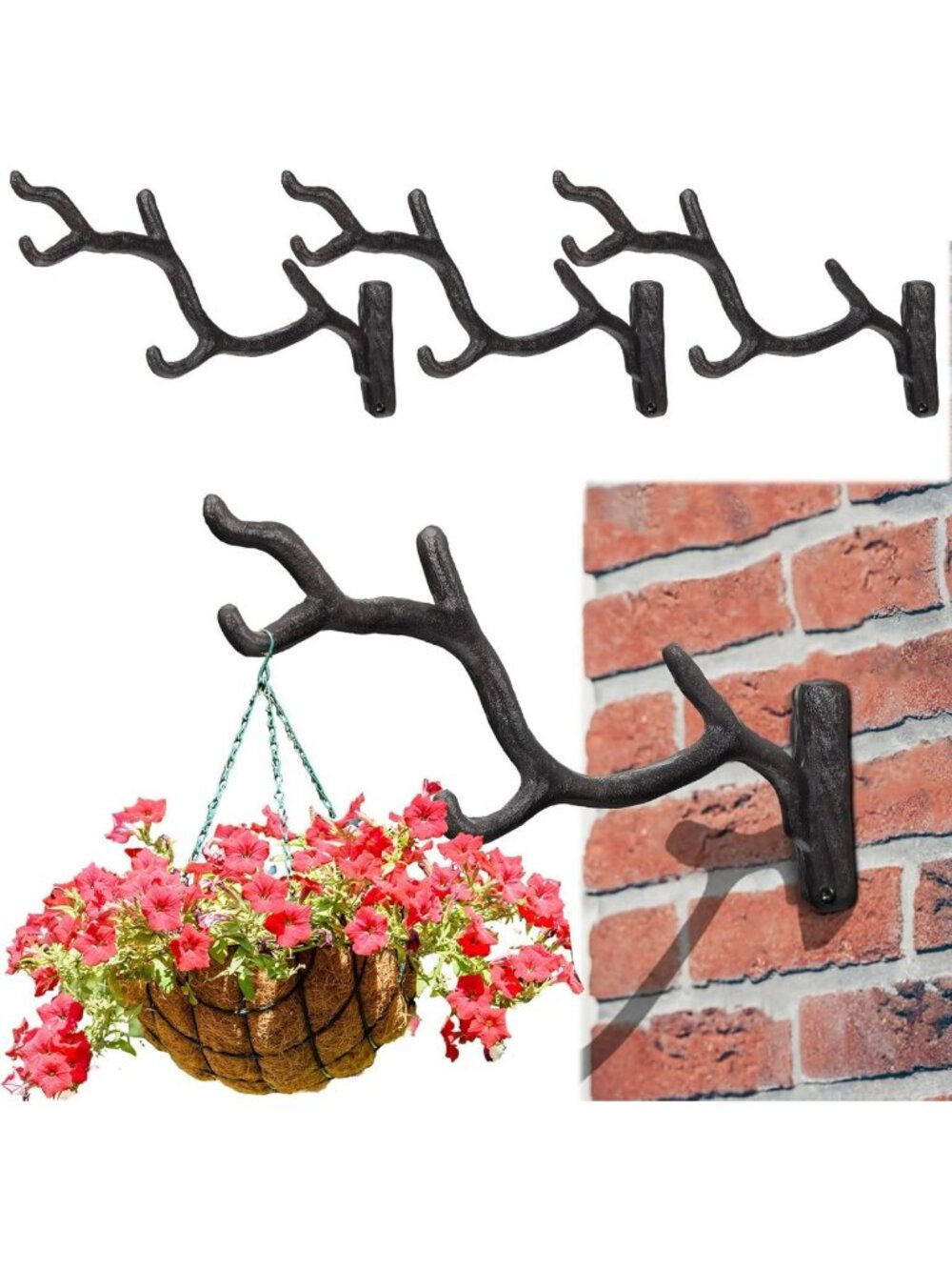 4 Pcs Cast Iron Wall Plant Hangers, Rustic Tree Branch Brackets, Rust Brown